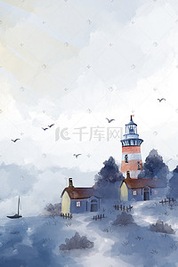 红白灯塔插画图片_水彩风景画海边的灯塔竖版