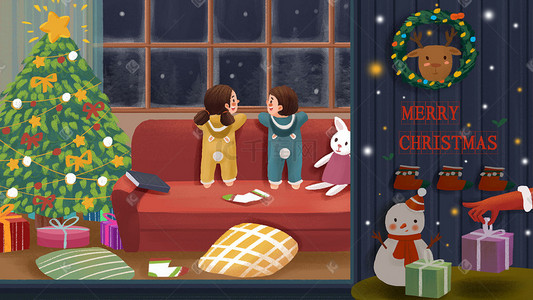 十二月你好海报插画图片_圣诞主题之圣诞老人偷偷来过场景治愈系圣诞
