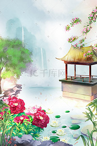中国风国色牡丹园林睡莲夏季山水风景
