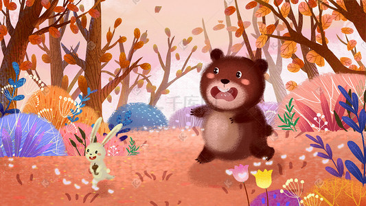 秋风插画图片_立秋秋风秋天秋季黄色丰收小熊与兔子