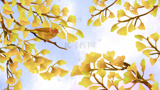 银杏树种插画图片_秋季风景金色银杏树林雀鸟工笔复古国画