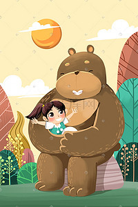 棕熊插画图片_黄色系卡通手绘风保护动物棕熊配图