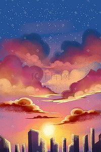 红蓝小人插画图片_红蓝色系城市建筑傍晚夜空火烧云背景