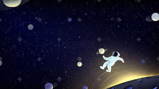 行星插画图片_蓝色黄色梦幻渐变风格星空背景宇航员星球