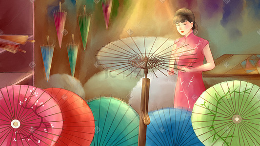 手绘民俗插画图片_中国非遗油纸伞制作手绘插画