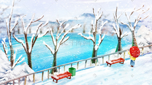 雪风景插画图片_手绘冬天大雪女孩赏雪风景插画