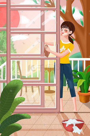 劳动节女孩擦玻璃