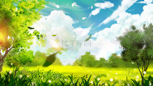夏天春天风景树天空蓝天云草地树叶树阳光背景