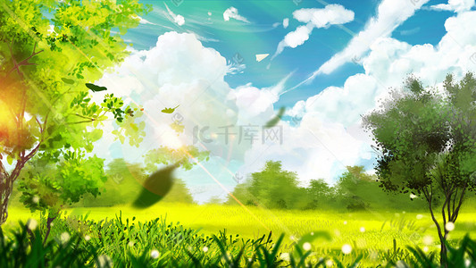 树树插画图片_夏天春天风景树天空蓝天云草地树叶树阳光背景