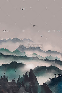 雾插画图片_绿色中国风水墨山水