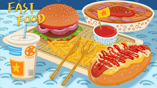 汉堡快餐插画图片_美食汉堡薯条快餐
