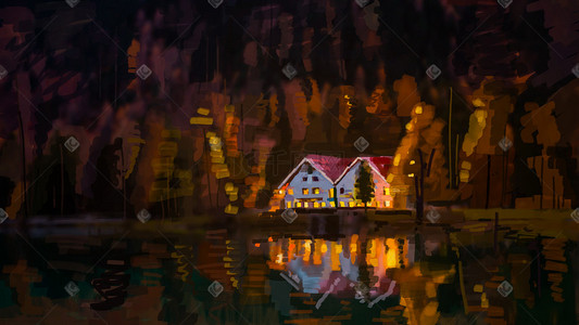 灯光小屋插画图片_傍晚的依山傍水的林间小屋