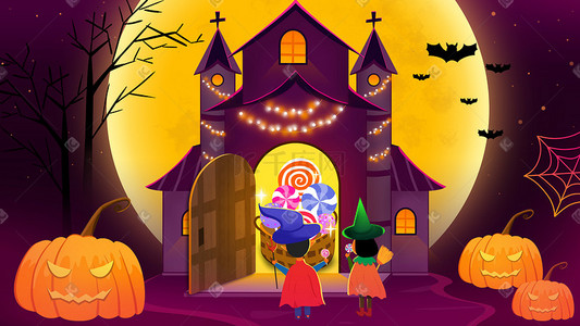 城堡儿童插画图片_万圣节夜晚儿童城堡前讨要糖果