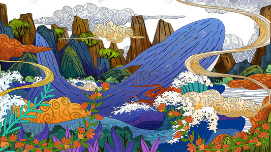 浮世绘山水插画图片_浮世绘风景手绘背景