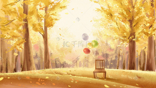 高级质感珍珠白色插画图片_黄色油画质感秋天银杏树风景