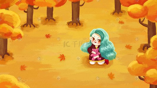 秋的背景插画图片_秋天树林里的小女孩