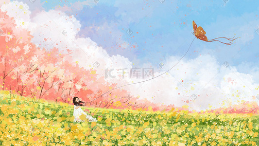 水彩樱花插画图片_立春节气主题一直立春风景水彩