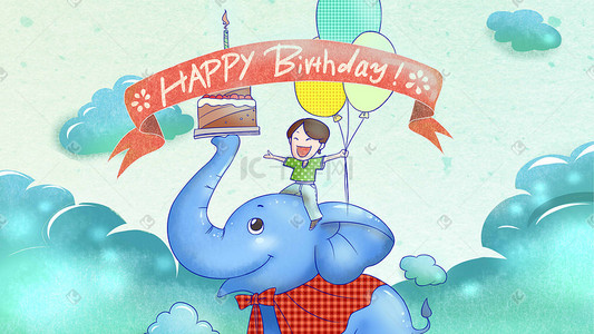 卡通气球礼物插画图片_蓝色系卡通手绘风生日大象男孩配图