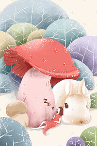 春日植物插画图片_春天春困女孩睡觉蘑菇兔子植物手机配图