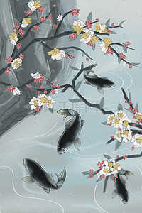 中国风花朵水墨插画图片_水墨中国风工笔梅花枝鲤鱼池塘插画