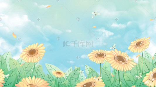 树叶插画图片_蓝色唯美卡通小清新治愈向日葵夏季风景配图