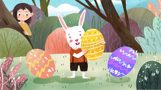 复活节彩蛋水彩插画图片_复活节兔子彩蛋女孩偷看