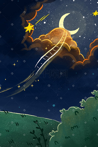 星空插画图片_夜晚星空星星天空云月亮流星卡通背景