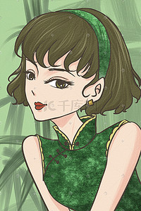 绿色创意民国女人手绘插图