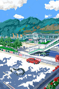 土壤和空气插画图片_夏季街道清新空气远山