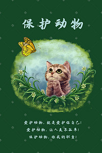 爱护动物插画图片_保护动物  爱护动物  蝴蝶  猫