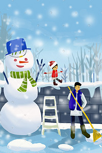 冬天可爱插画图片_冬天可爱雪人一起来扫雪