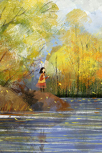秋天油画插画图片_秋天油画女孩在湖边一个人