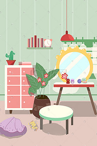 放书到柜子插画图片_绿色系温馨居家室内家具植物盆栽镜子柜子桌