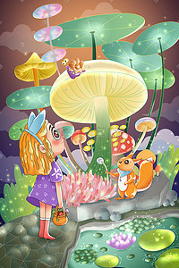 松鼠手绘插画图片_六一儿童节蘑菇下的童趣手绘插画六一