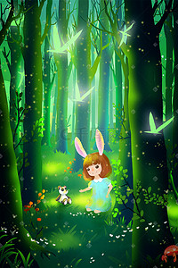 绿色森林背景插画图片_通用-夏天绿色森林草地树儿童治愈背景