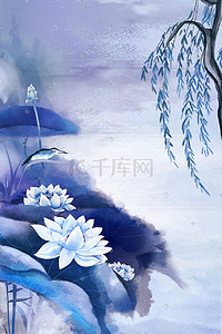中国画水墨背景插画图片_青花瓷风格花鸟画