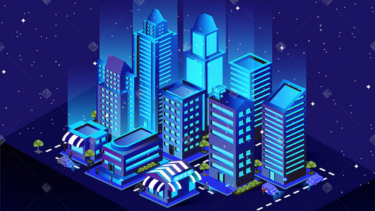 夜景风光插画图片_2.5D城市建筑插画科技