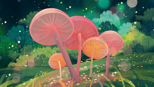 手绘花水彩插画图片_粉色蘑菇手绘插画