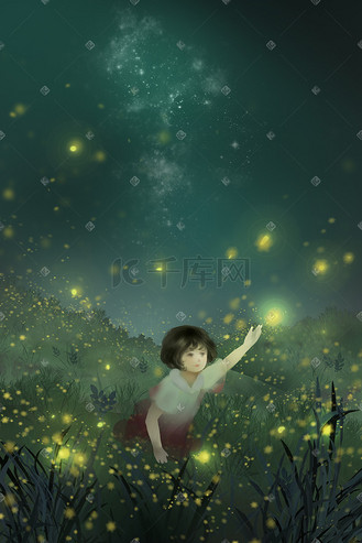 抓萤火虫的小女孩插画图片-千库网