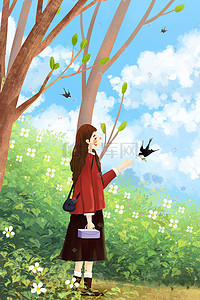 散步女孩插画图片_立春节气主题林中散步治愈系风景