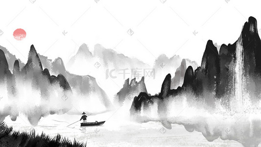 中国风山水渔船插画图片_水墨风渔家山水图