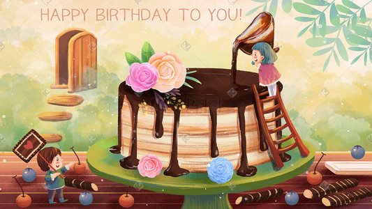 儿童场景蛋糕插画图片_生日蛋糕主题之生日蛋糕治愈系场景