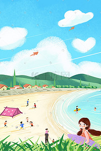 小清新夏天海边沙滩插画图片_夏日海边风景度假小清新竖图