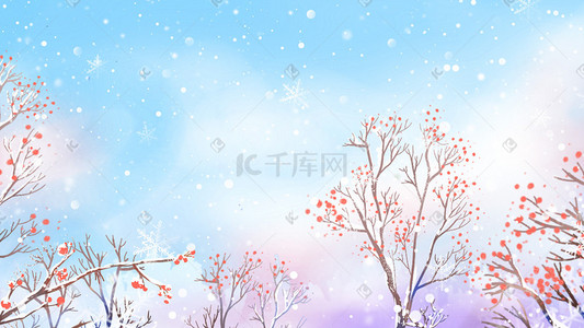 树枝雪花插画图片_蓝色系天空雪花下雪树木花朵背景