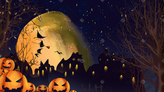 南瓜藤上的南瓜插画图片_万圣节手绘南瓜恐怖蝙蝠女巫月亮节气节日