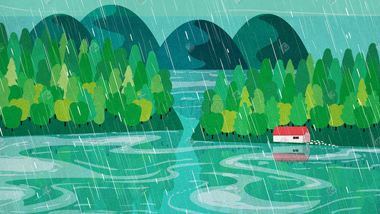 唯美水波纹插画图片_绿色系唯美治愈山脉树林河流下雨背景