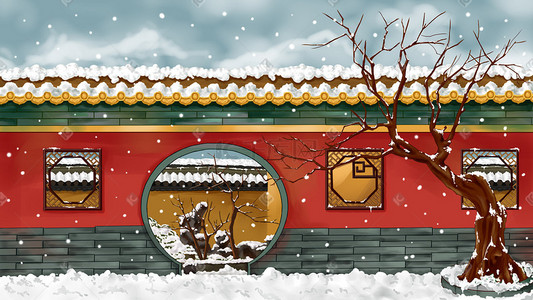 树雪景插画图片_冬天红墙拱门雪景