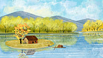 立秋秋天24节气湖中岛油画风景