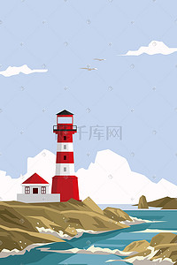 红白灯塔插画图片_海边灯塔风景插画