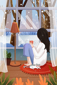 看雪景插画图片_大寒节气女孩喝茶看风景